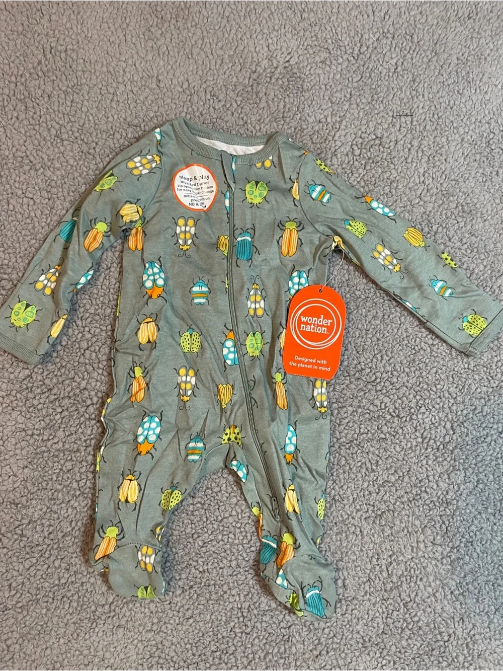 Wonder Nation Baby Newborn Footed Sleeper Pajamas Beetle Bug Print Zip-Up